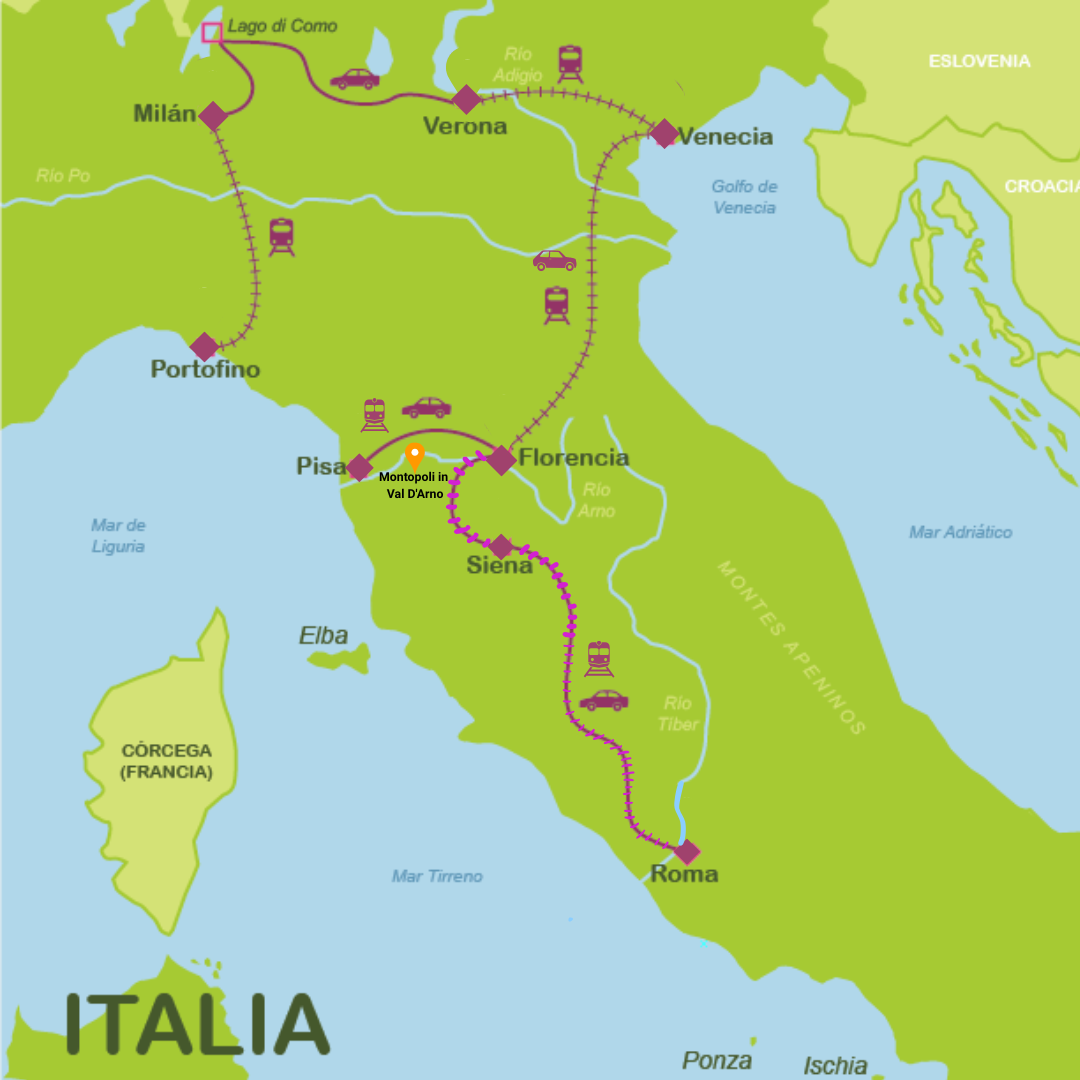Map highlighting the central location near major Tuscan cities